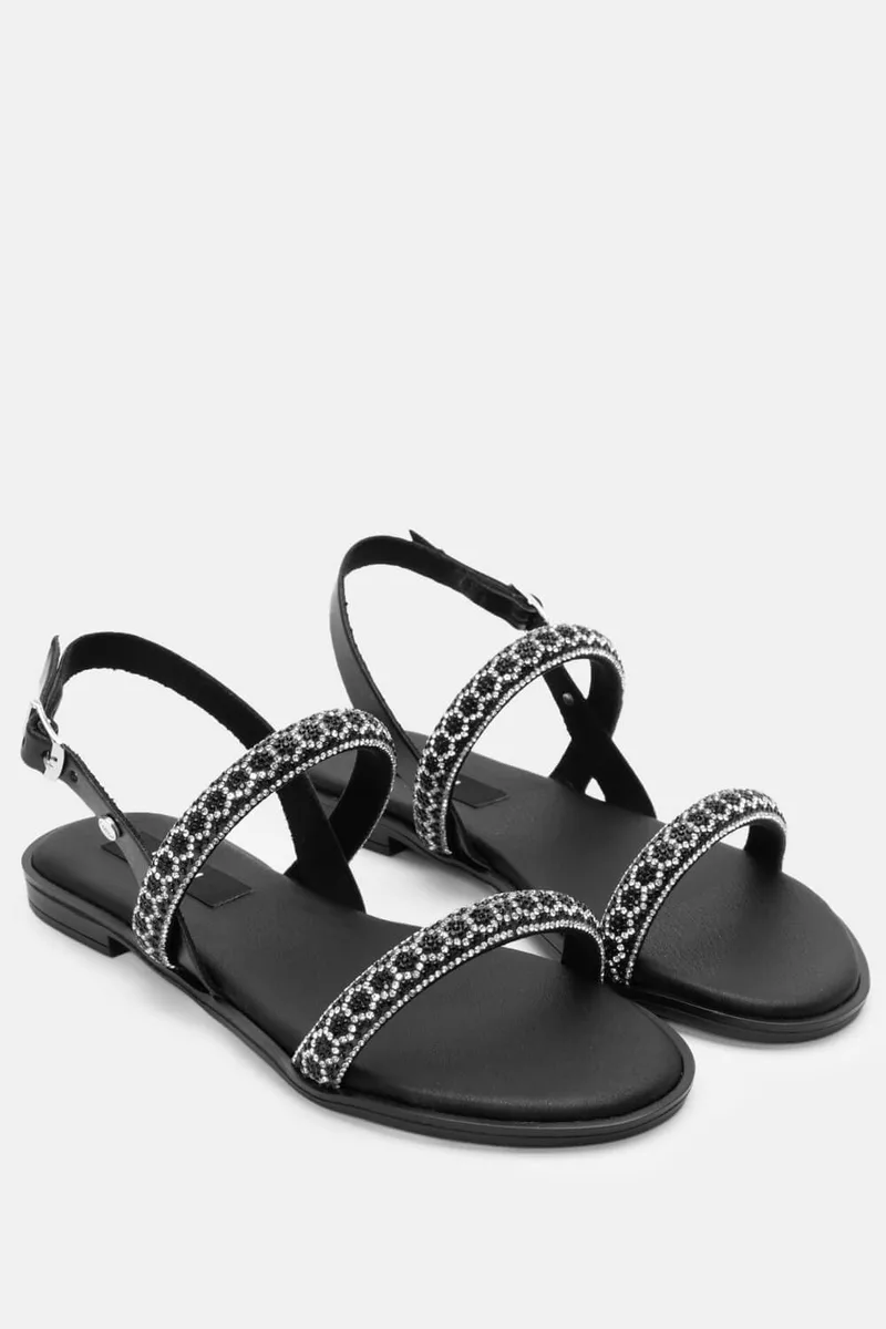 LUIGI DESIGN - Σανδάλια Flat με Λουράκια & Strass - Μαύρο