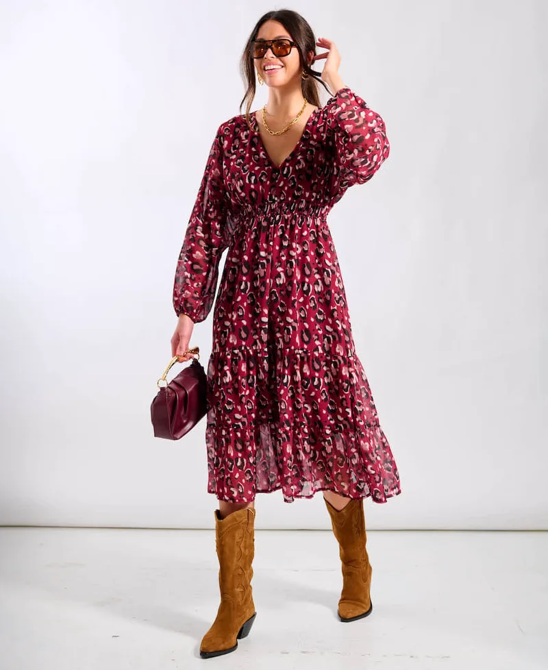 Red Leopard Tiered Chiffon Midi Dress | Clothing Size: 10