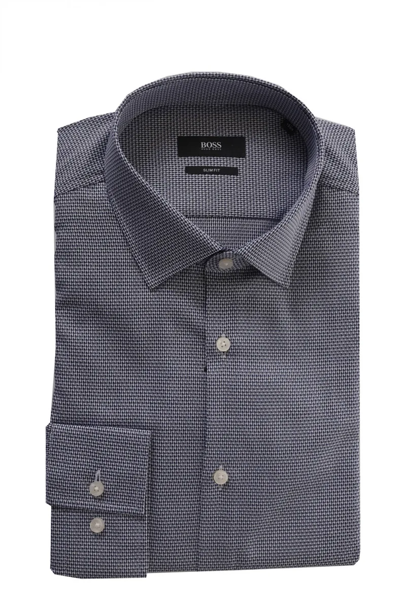 BOSS ΠΟΥΚΑΜΙΣΟ JENNO SLIM FIT ΜΙΚΡΟΣΧΕΔΙΟ ΜΠΛΕ