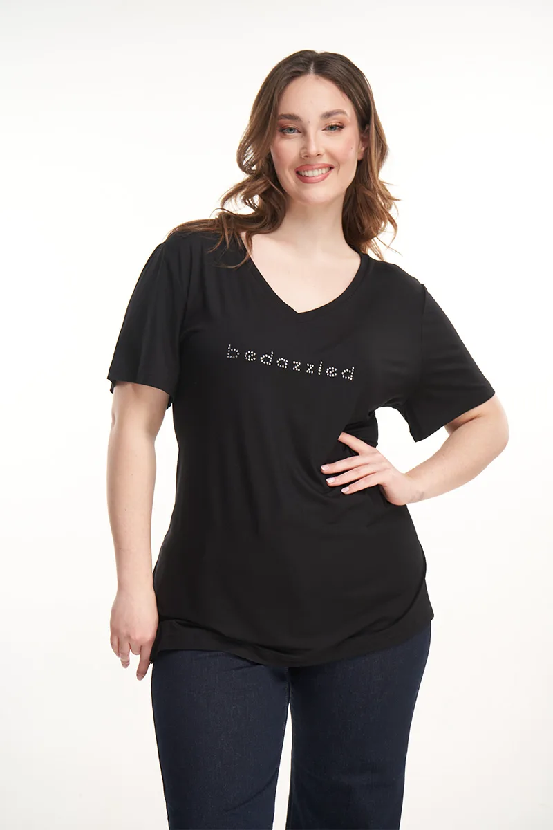 Μπλούζα με τύπωμα στρας "Bedazzled" σε μαύρο χρώμα plus size