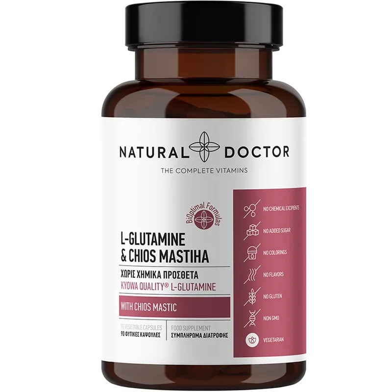 Natural Doctor L-Glutamine & Chios Mastiha Συμπλήρωμα Διατροφής Αμινοξέος Γλουταμίνης & Μαστίχας Χίου για Ενίσχυση της Λειτουργίας του Εντέρου & Καλύτερη Πέψη 90veg.caps