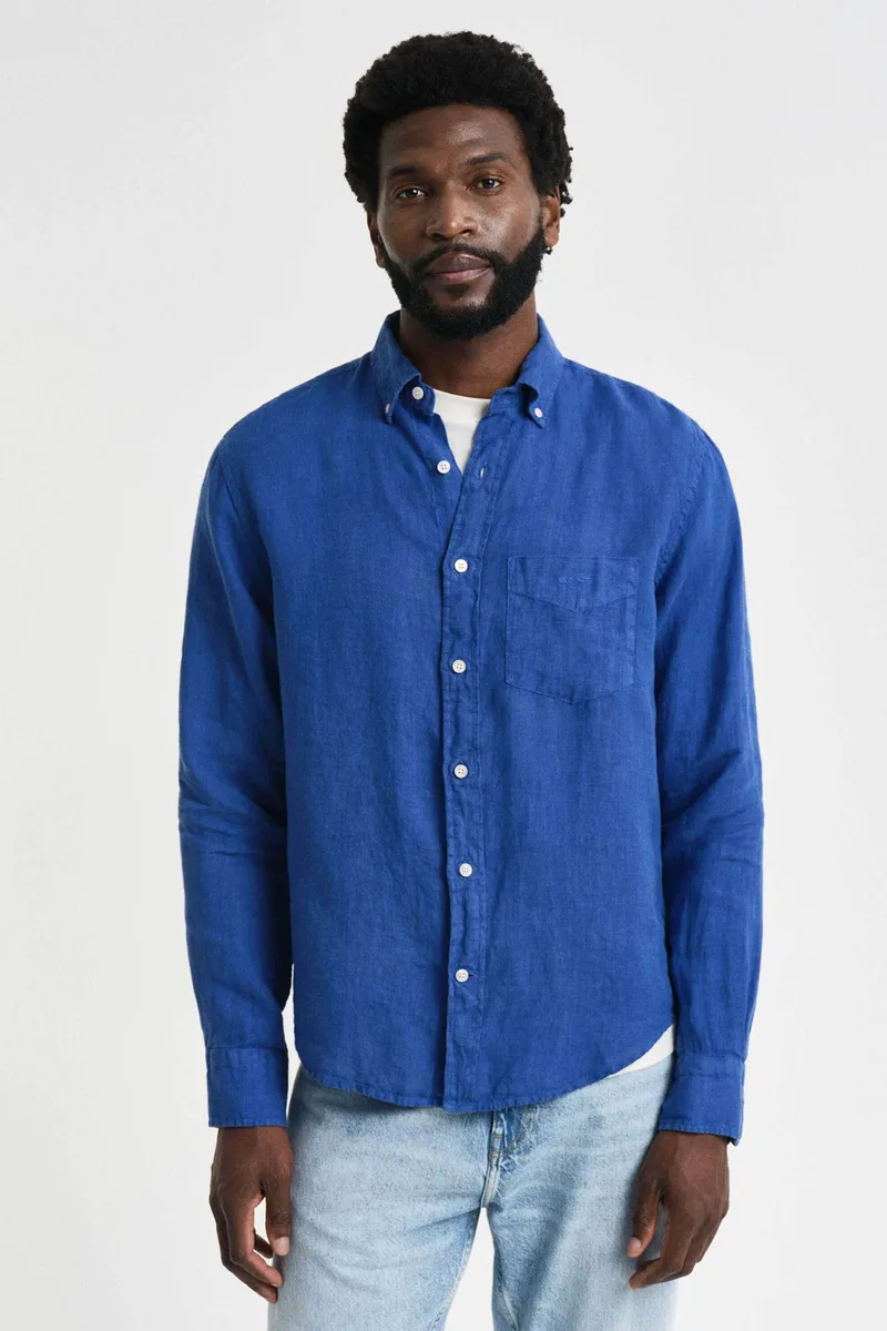 Gant ανδρικό λινό πουκάμισο button down με τσέπη και κεντημένο λογότυπο Regular Fit - 3240120 Μπλε