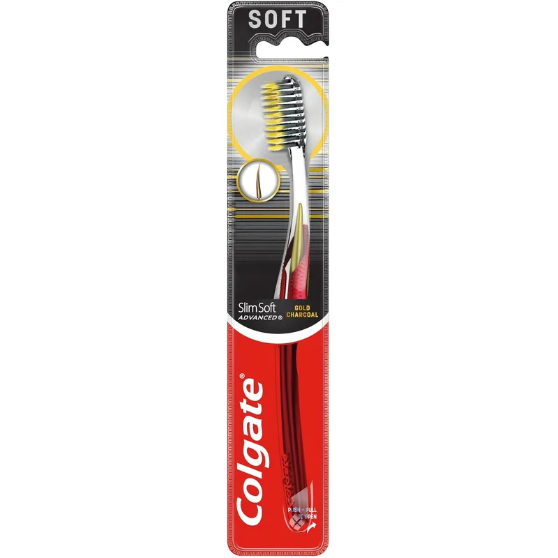 Colgate Slim Soft Advanced Χρυσό Charcoal Toothbrush Οδοντόβουρτσα με Μαλακές Ίνες & Εργονομική Λαβή 1 Τεμάχιο - Κόκκινο