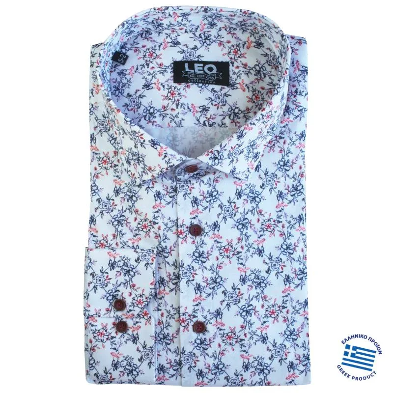 Digital print ελαστικό μακρυμάνικο πουκάμισο "In Bloom",by Leo Collection - Λευκό/Red palm