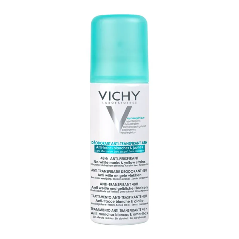 Vichy Deodorant 48h αντιιδρωτικό σε σπρέι για την αντιμετώπιση των λευκών και κίτρινων κηλίδων 125 μλ
