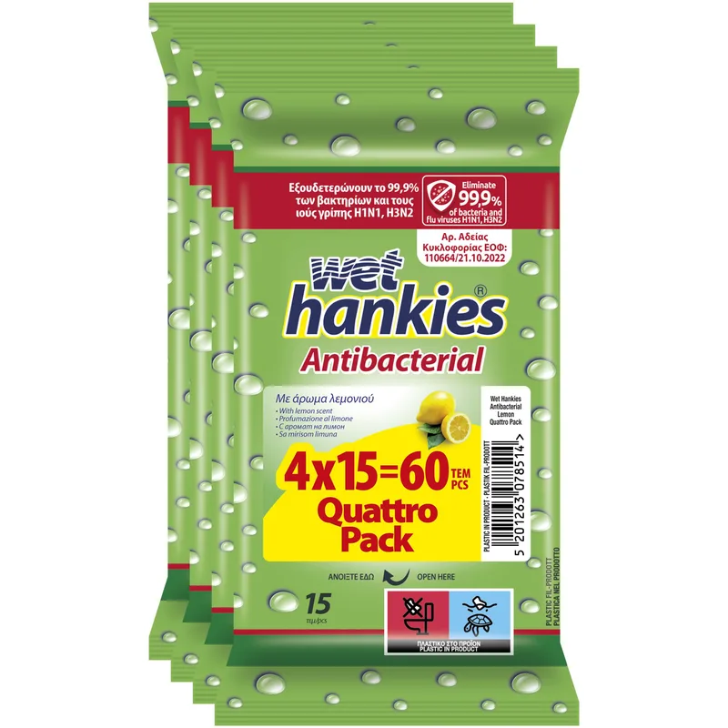 Wet Hankies Antibacterial Lemon Αντιβακτηριδιακά Μαντηλάκια Κατά των Μικροβίων & Ιών Γρίπης με Άρωμα Λεμόνι 60 Τεμάχια (4x15 Τεμάχια)