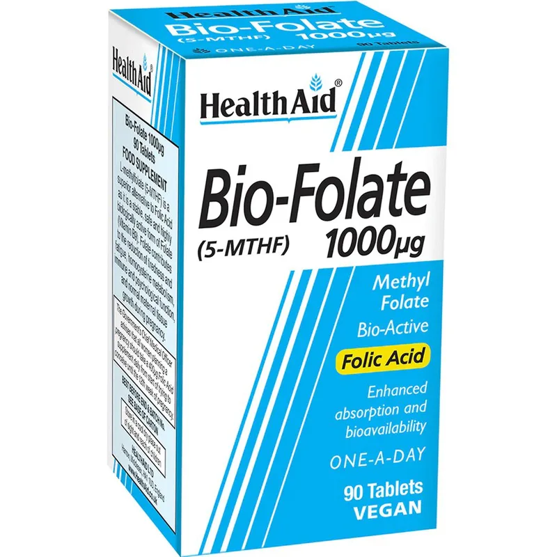 Health Aid Bio-Folate 1000μg Συμπλήρωμα Διατροφής Βιοενεργής Μορφής Φολικού Οξέος Ενισχυμένης Απορρόφησης για Σωστή Αιμοποίηση & Ανάπτυξη Μητρικού Ιστού Κατά την Εγκυμοσύνη, Μεταβολισμού Ομοκυστεΐνης & Ενέργεια 90tabs