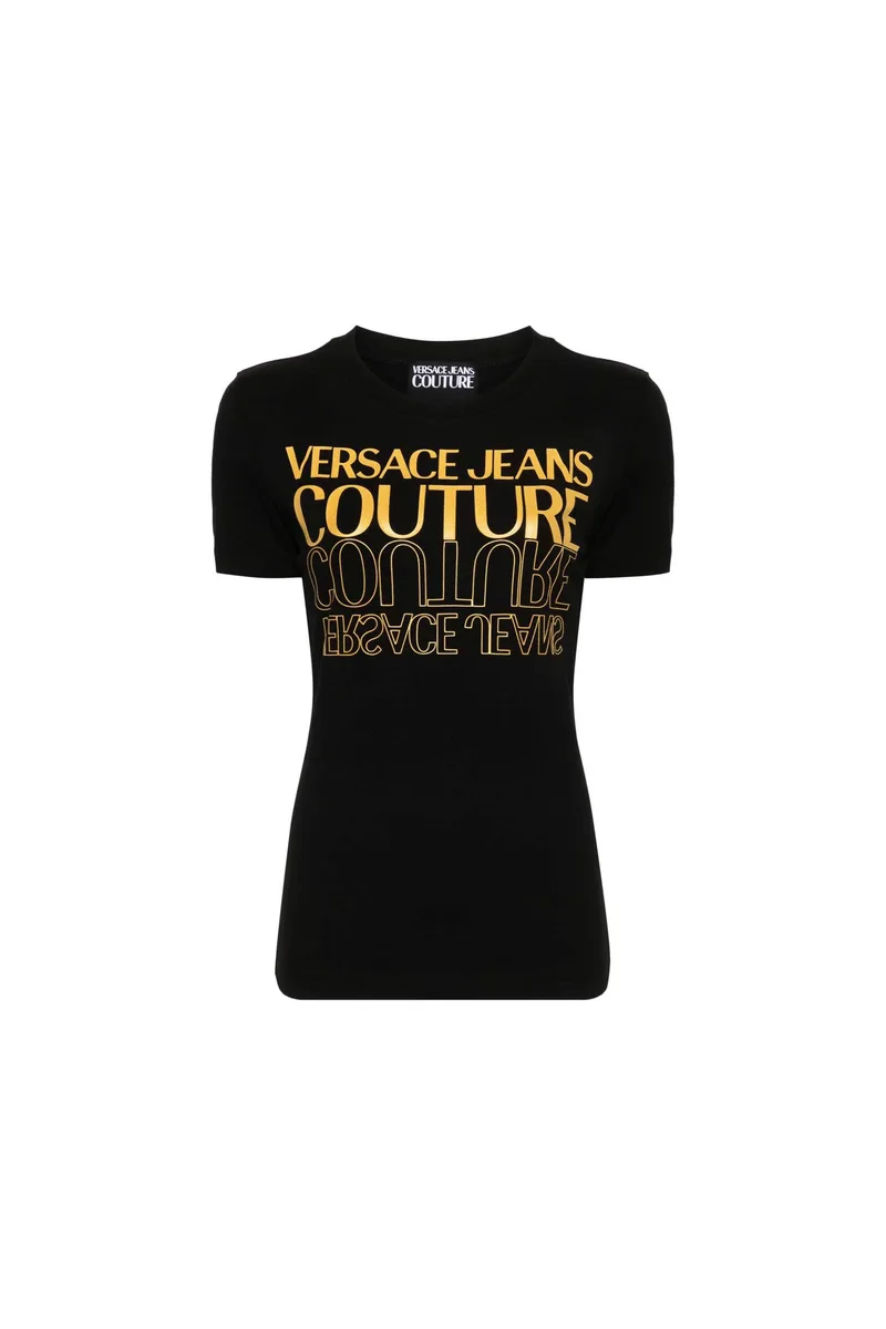 Versace Jeans Couture γυναικείο T-shirt μονόχρωμο βαμβακερό με contrast logo print - 76HAHC00CJ02C Μαύρο