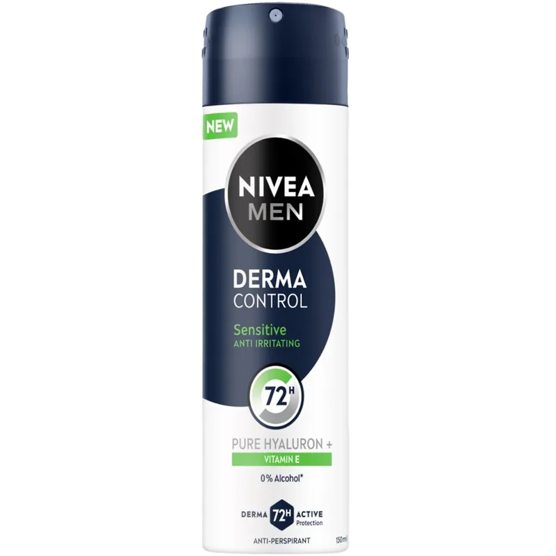 Nivea Men Derma Control Sensitive Anti Perspirant & Anti Irritating Spary Ανδρικό Αποσμητικό Σπρέι με Καθαρό Υαλουρονικό & Βιταμίνη Ε Μεγάλης Διάρκειας & Χωρίς Αλκοόλ 150ml