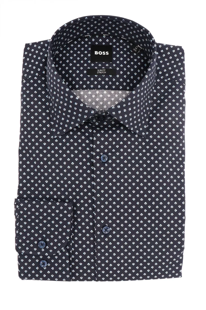 BOSS ΠΟΥΚΑΜΙΣΟ ΜΙΚΡΟΣΧΕΔΙΟ SLIM FIT STRETCH H-HANK-KENT-C1-214 ΜΠΛΕ
