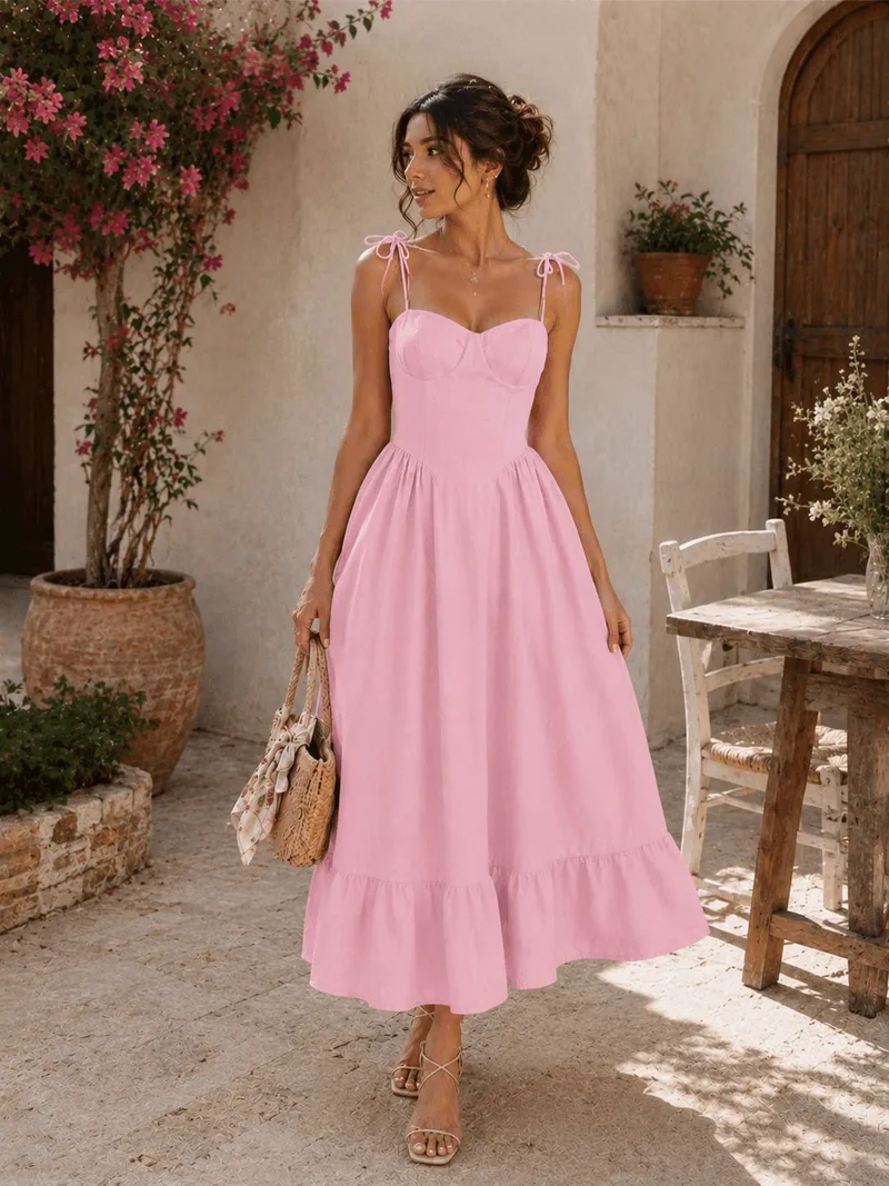 Midi Φόρεμα Με Τιράντες & Αέρινη Γραμμή Σε Ροζ | Dress Up Ροζ