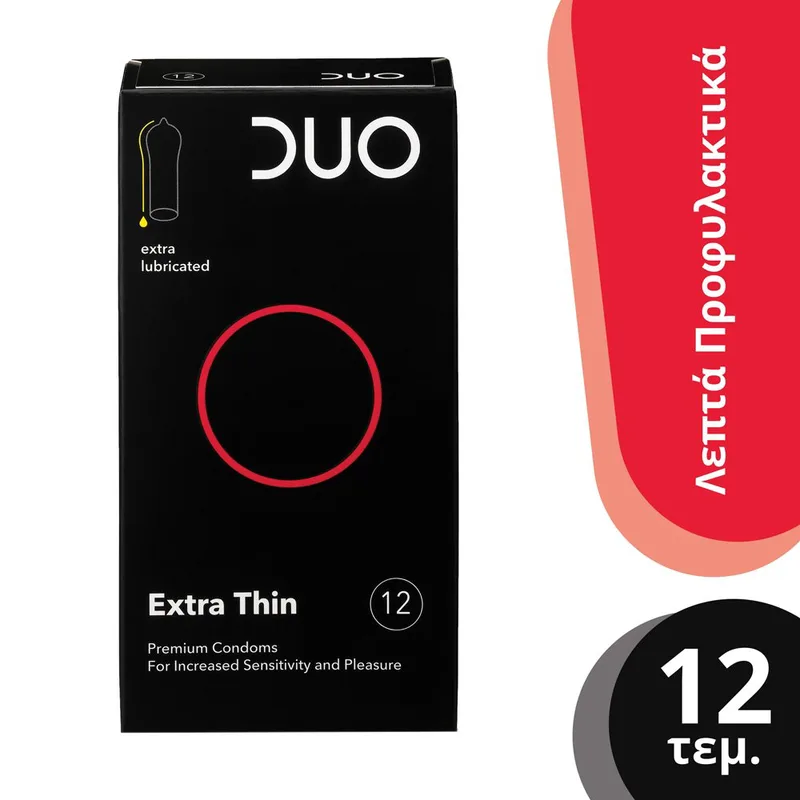Duo Extra Thin Premium Condoms Λεπτό Προφυλακτικό Για Μεγαλύτερη Αίσθηση & Ευχαρίστηση 12 Τεμάχια