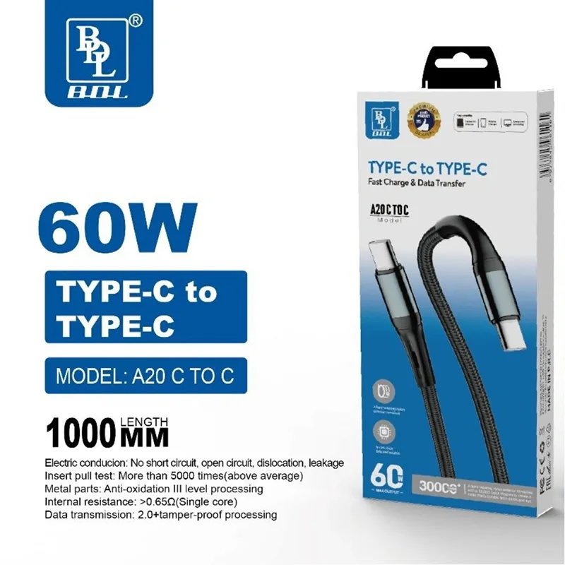 BDL USB-C to USB-C Fast Charging Nylon Cable 60W Black (A20)