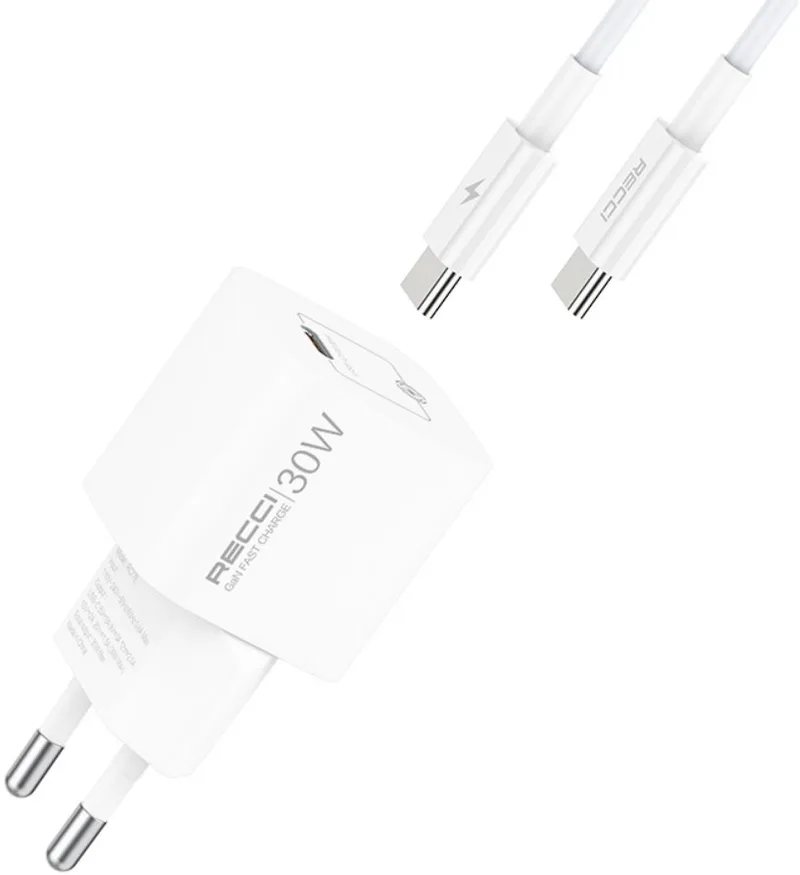 Φορτιστής Recci RC77ECC GaN Αντάπτορας με 1 x Type-C 30W & 1 x Καλώδιο Type-C σε Type-C 100cm - White (6955482528273)