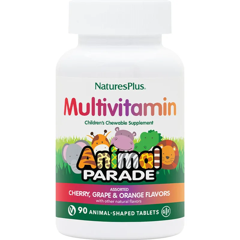 Natures Plus Animal Parade Multivitamin Cherry, Grape & Πορτοκαλί Συμπλήρωμα Διατροφής Πολυβιταμινών, Μετάλλων & Εκχυλισμάτων Φυτών για Ενίσχυση Ανοσοποιητικού Ενέργεια & Σωστή Ανάπτυξη των Παιδιών με Γεύση Κεράσι, Σταφύλι & Πορτοκάλι 90 Chew.tabs