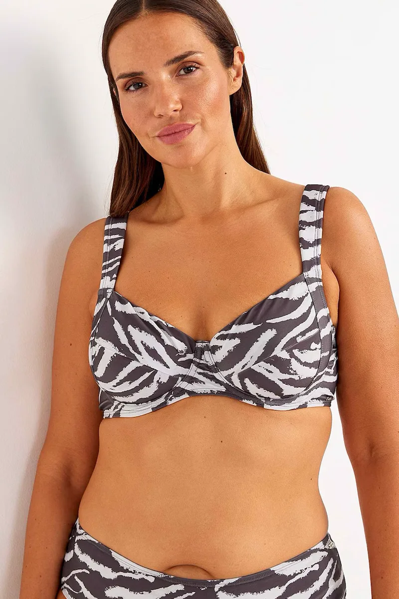 Bikini-top με μπανέλα σε εκρού/καφέ zebra-print plus size