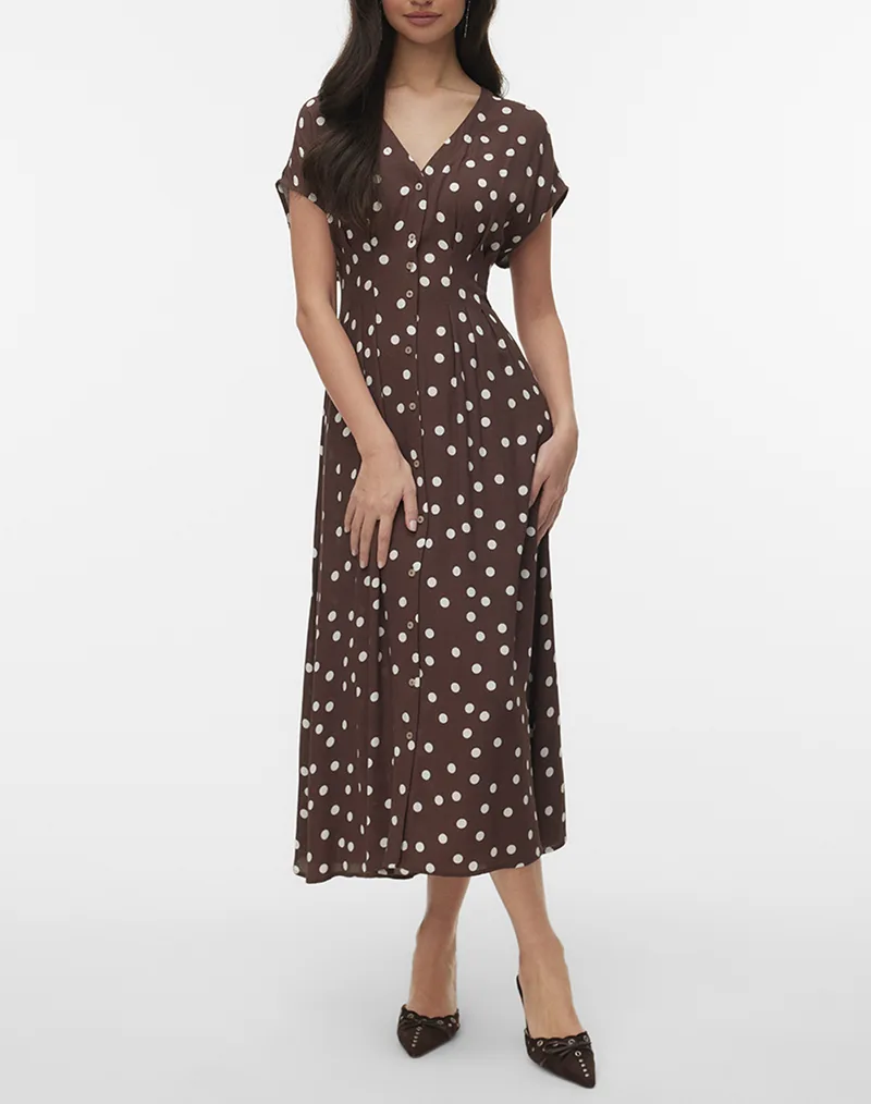 VERO MODA VMELISA SL PLEAT SHIRT 7/8 DRESS WVN 10348019-Chocolate MartiniSnowwhitedot Chocolate