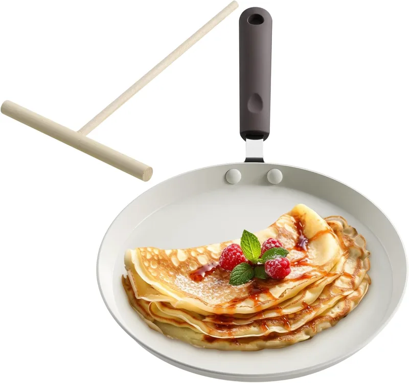 Αντικολλητικό Τηγάνι Navaris Crepe Pan with Spreader Αλουμινιού με Ξύλινη Σπάτουλα για Κρέπες 26cm - Cream White (49546.02)