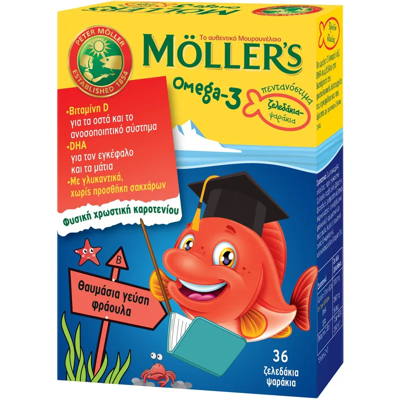 Moller’s Ω3 Kids Fish Strawberry Συμπλήρωμα Διατροφής Ω3 για Παιδιά σε Ζελεδάκια Σχήματος Ψαριού με Γεύση Φράουλα 36 Softgels
