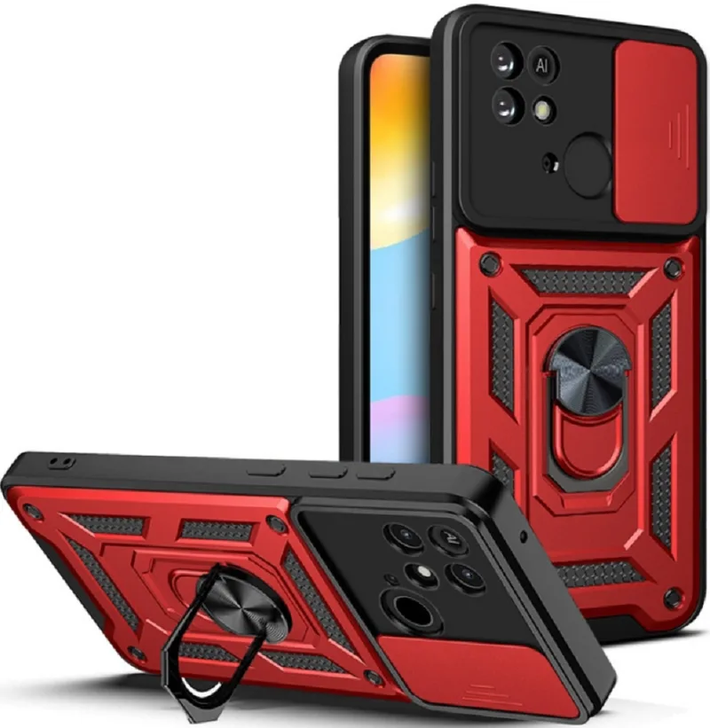 Bodycell Armor Slide - Ανθεκτική Θήκη Xiaomi Redmi 10C με Κάλυμμα για την Κάμερα & Μεταλλικό Ring Holder - Red (5206015015182)