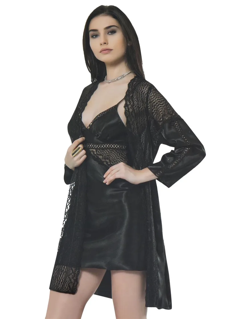 Set Saten περιλαμβάνει νυχτικό & ρόμπα. Elegance style ΜΑΥΡΟ
