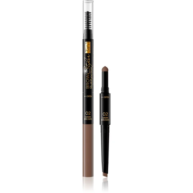 Eveline Cosmetics Brow Styler ακριβής μολύβι για τα φρύδια 3 σε 1 απόχρωση 02 Dark Brown 1,2 γρ