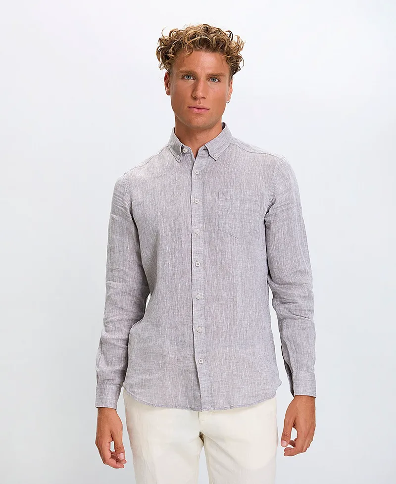 Ανδρικό Πουκάμισο Regular Fit Λινό Με Γιακά Button Down
