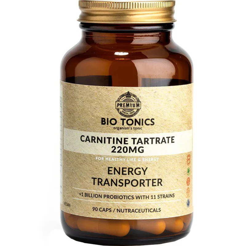 Bio Tonics Carnitine Tartrate 220mg Συμπλήρωμα Διατροφής Αμινοξέος Καρνιτίνης σε Τρυγική Μορφή & Μείγματος Προβιοτικών για Ενίσχυση του Μεταβολισμού σε Κυτταρικό Επίπεδο, Ενέργεια & Αποκατάσταση 90caps