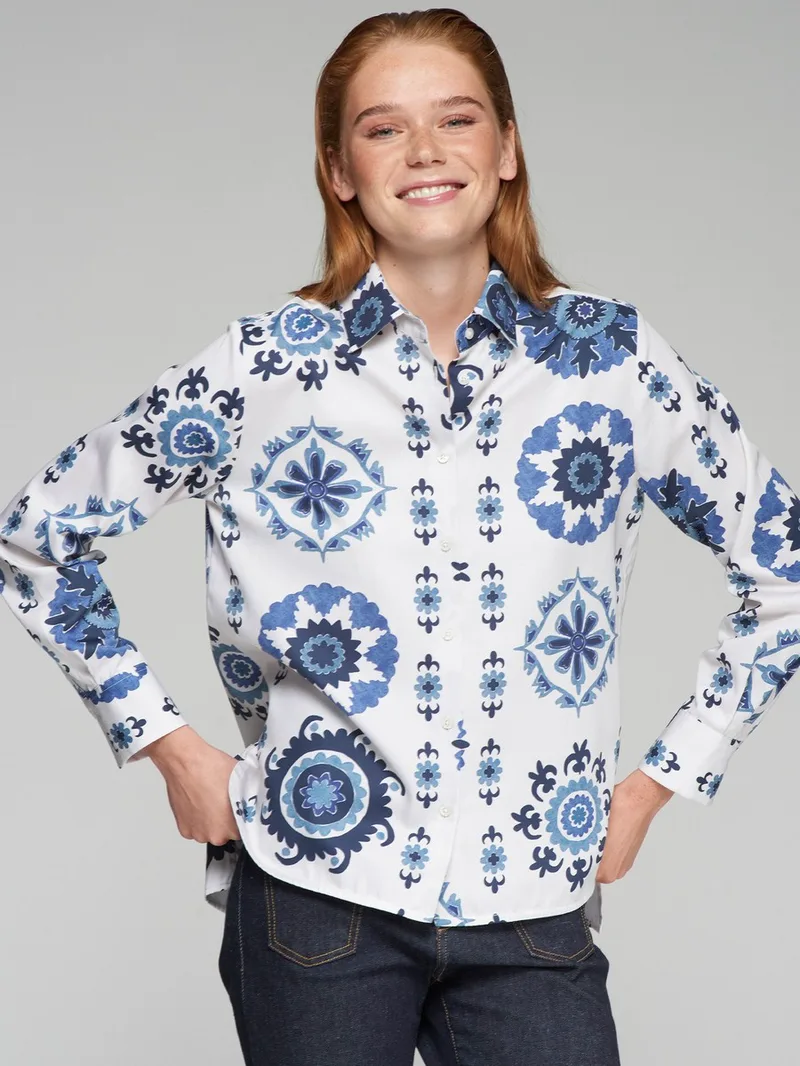 Vilagallo Γυναικείο Πουκάμισο Βαμβακερό με Suzani Rosette Print Regular Fit σε Λευκό