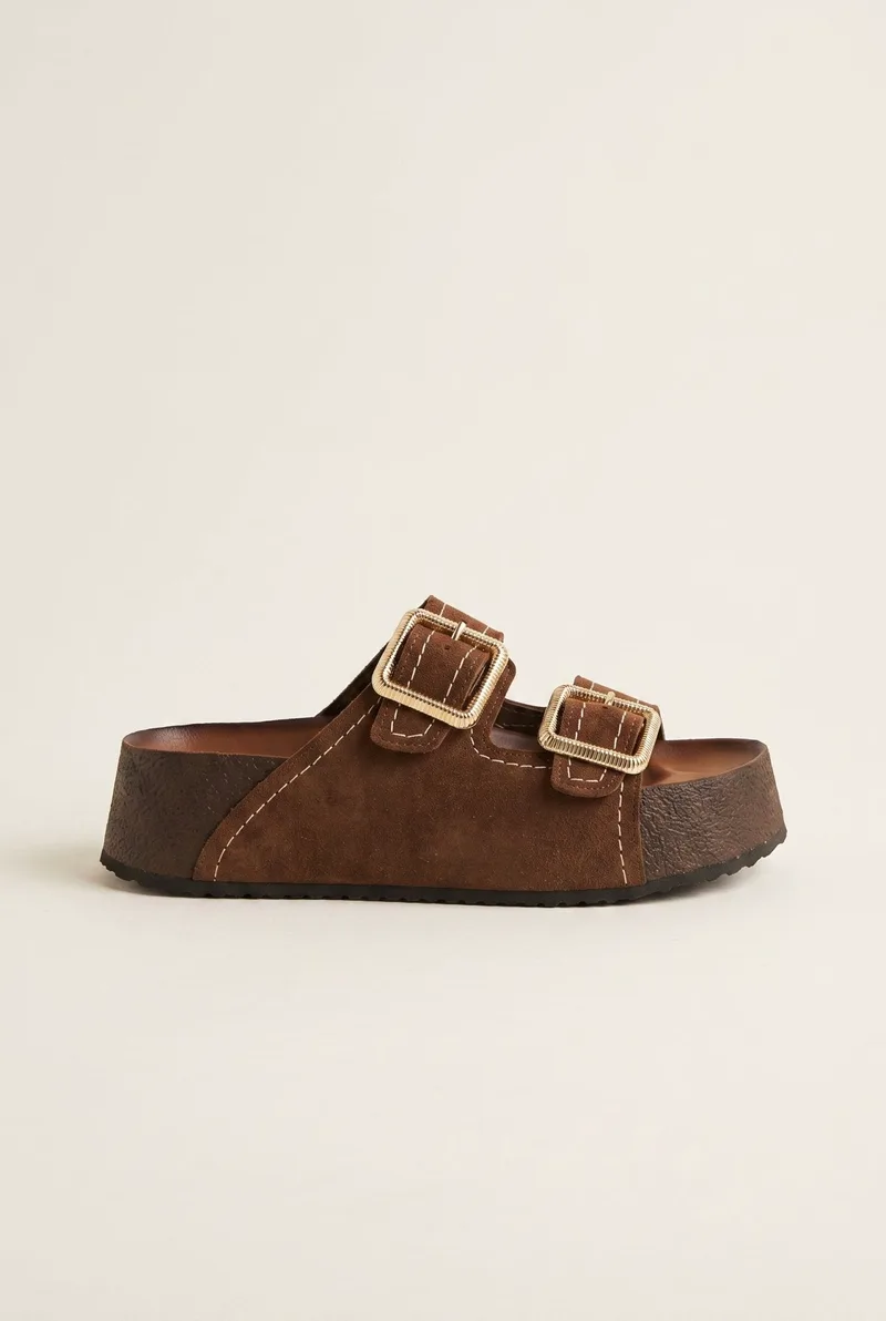 ATENEO Flatform Sandals Buckle Detail - 67001 - Brown Suede