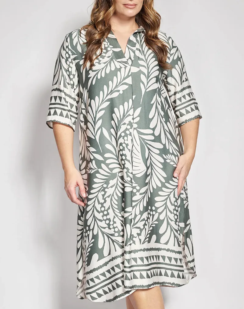 PARABITA Μίντι boho εμπριμέ φόρεμα βισκόζη με γεωμετρική μπορντούρα 012610600192-023 Khaki