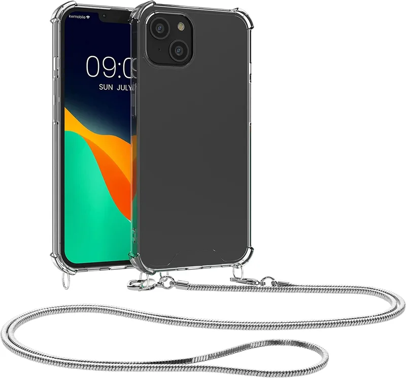 KWmobile Διάφανη Θήκη Σιλικόνης με Μεταλλικό Λουράκι Λαιμού Apple iPhone 14 Plus - Transparent / Silver (59103.35)