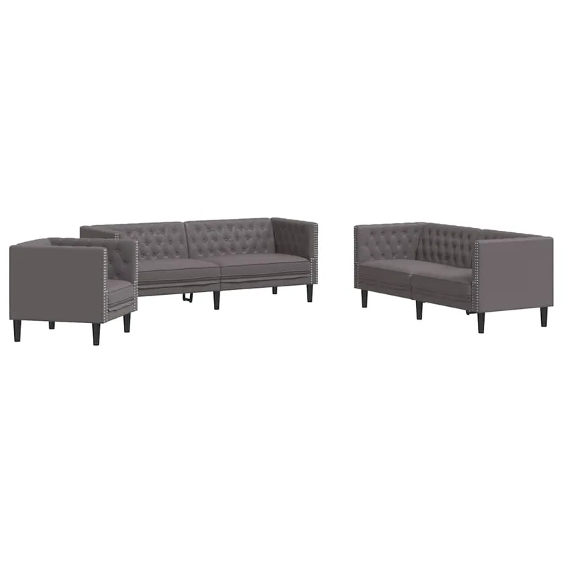 vidaXL Σετ Καναπέδων Chesterfield 3 Τεμαχίων από Γκρι Συνθετικό Δέρμα