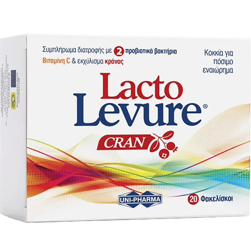 Uni-Pharma Lacto Levure Cran Συμπλήρωμα Διατροφής Προβιοτικών, Βιταμίνης C & Εκχυλίσματος Κράνμπερι για την Καλή Υγεία του Ουροποιητικού & την Ενίσχυση της Χλωρίδας του Κόλπου με Γεύση Πορτοκάλι 20 Sachets