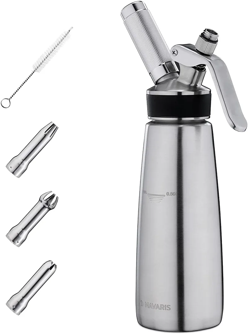 Navaris Stainless Steel Cream Dispenser - Μπουκάλι για Σαντιγί και Κρέμες από Ανοξείδωτο Ατσάλι με 3 Κεφαλές - 500 ml (47149.04)