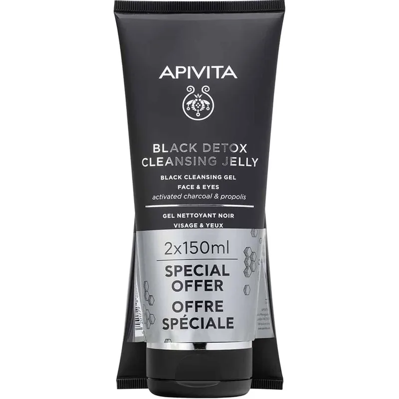 Apivita Promo Black Detox Cleansing Jelly Μαύρο Gel Καθαρισμού για Πρόσωπο & Μάτια με Ενεργό Άνθρακα & Πρόπολη 300ml (2x150ml)