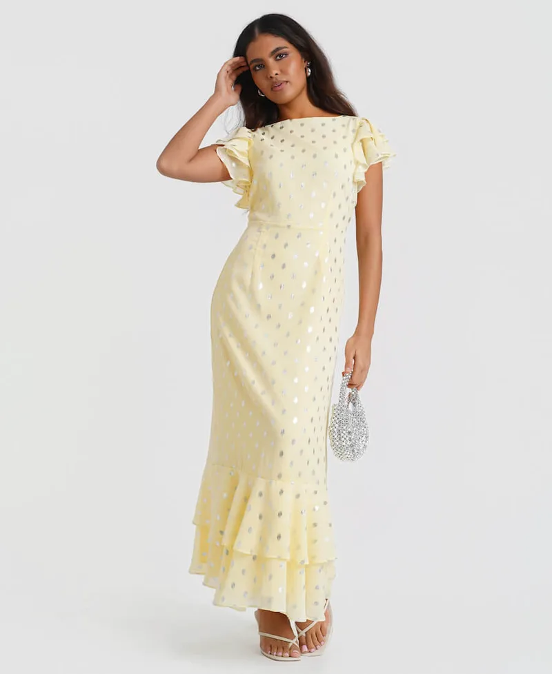 Lemon Flutter Sleeve Foil Midaxi Dress | Size: 12