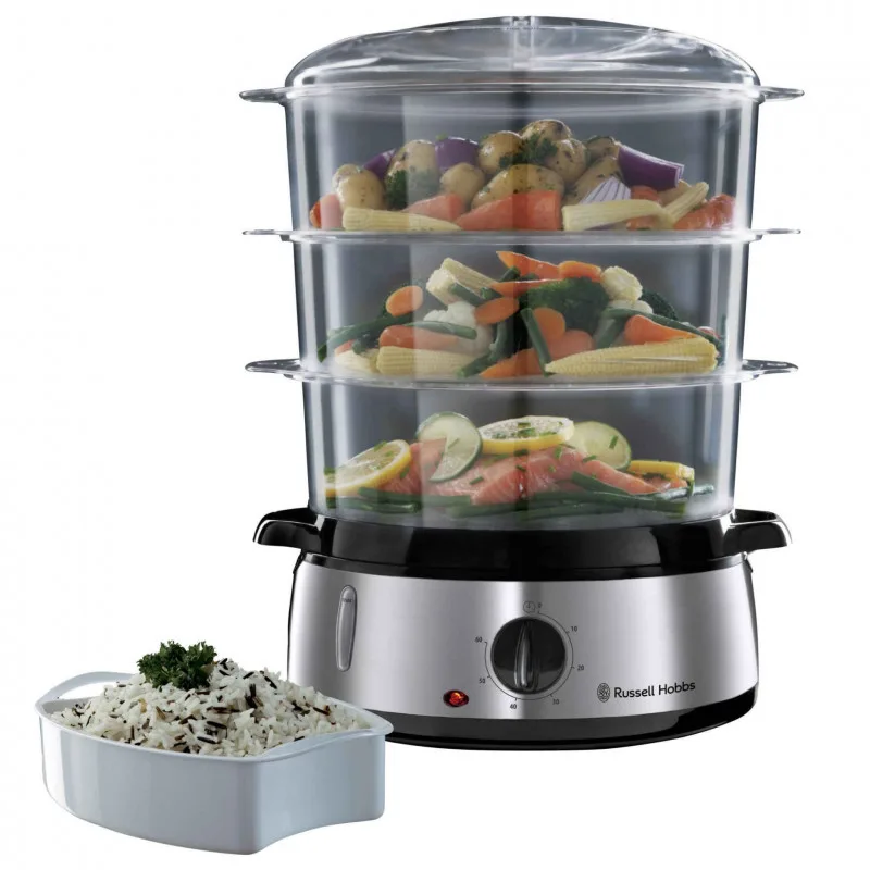 Ατμομάγειρας Russell Hobbs 19270-56, 800W, 3 επίπεδα, 9 λίτρα, Χρονοδιακόπτης 60 λεπτά, Ανοξείδωτο ατσάλι