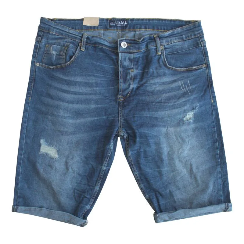 Ελαστική denim βερμούδα με φθορές"Samuel" slim fit by Trial - Blue Denim