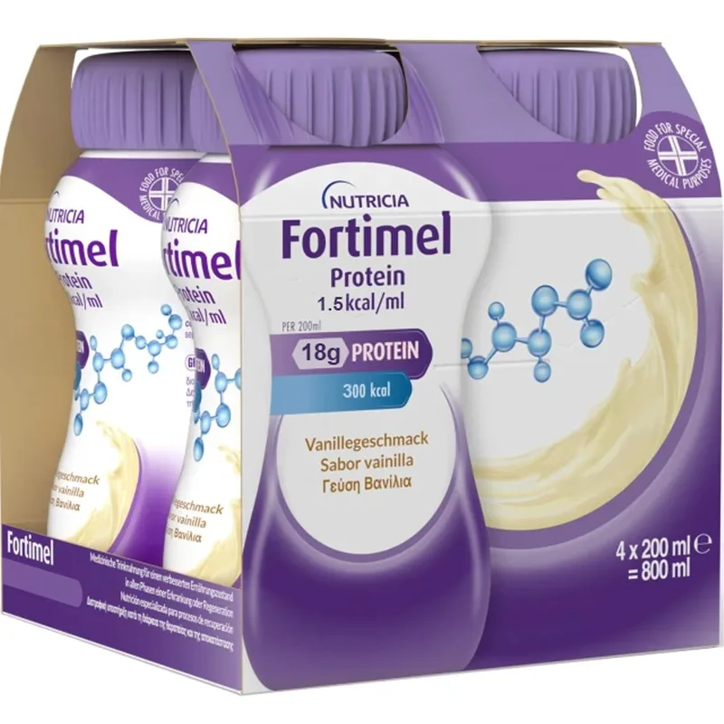 Nutricia Fortimel Protein 1.5 kcal/ml Vanilla 4x200ml,Πόσιμο Θρεπτικό Σκεύασμα Πλούσιο σε Πρωτεΐνες, Μέταλλα & Ιχνοστοιχεία για την Αντιμετώπιση Προβλημάτων Υποσιτισμού & Δυσθρεψίας που Σχετίζονται με Ασθένεια με Γεύση Βανίλια