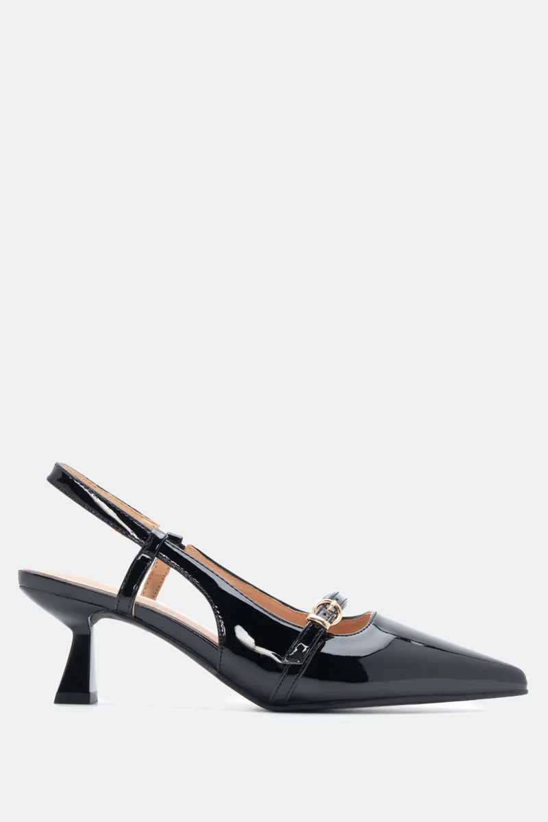 Γόβες Μυτερές Slingback με Διακοσμητική Τόκα & Λάστιχο - Μαύρο-Λουστρίνι