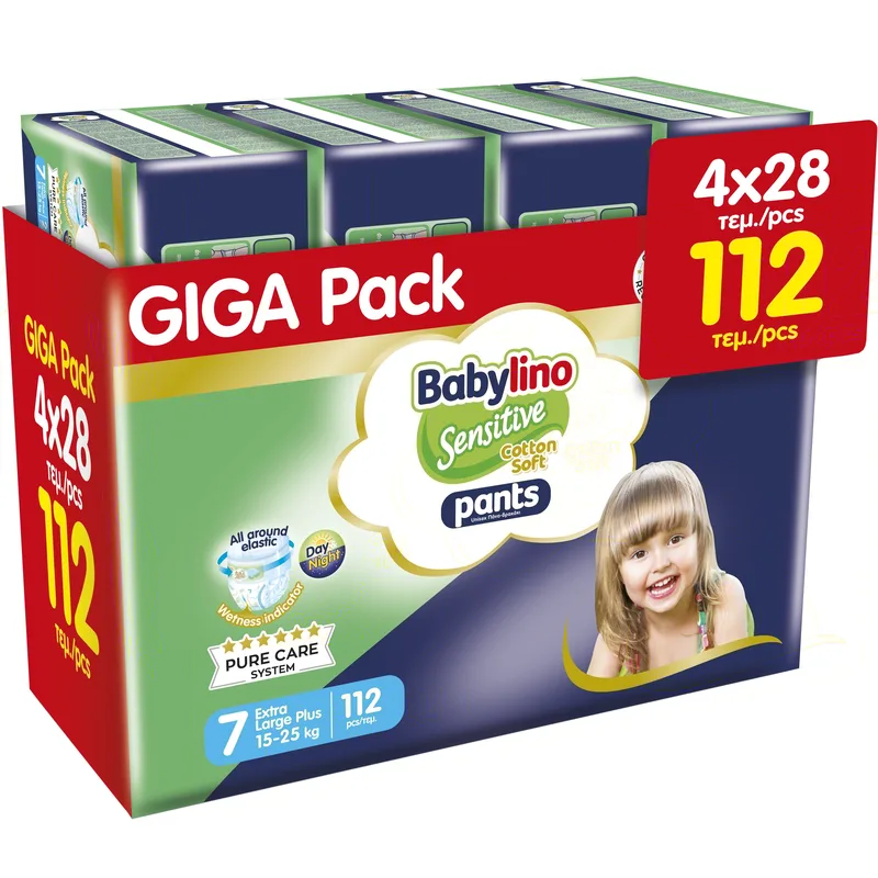 Σετ Babylino Sensitive Pants Cotton Soft Unisex No7 Extra Large Plus (15-25kg) 112 Τεμάχια (4x28 Τεμάχια)