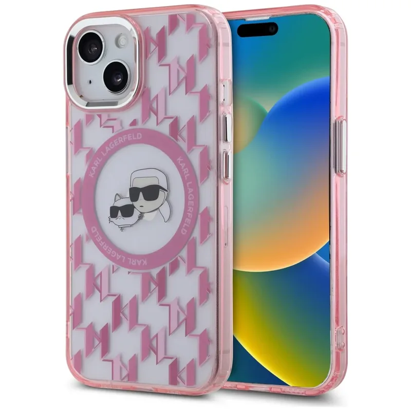 Θήκη Karl Lagerfeld IML Monogram Karl&amp;Choupette Head MagSafe Clear Ροζ iPhone 15