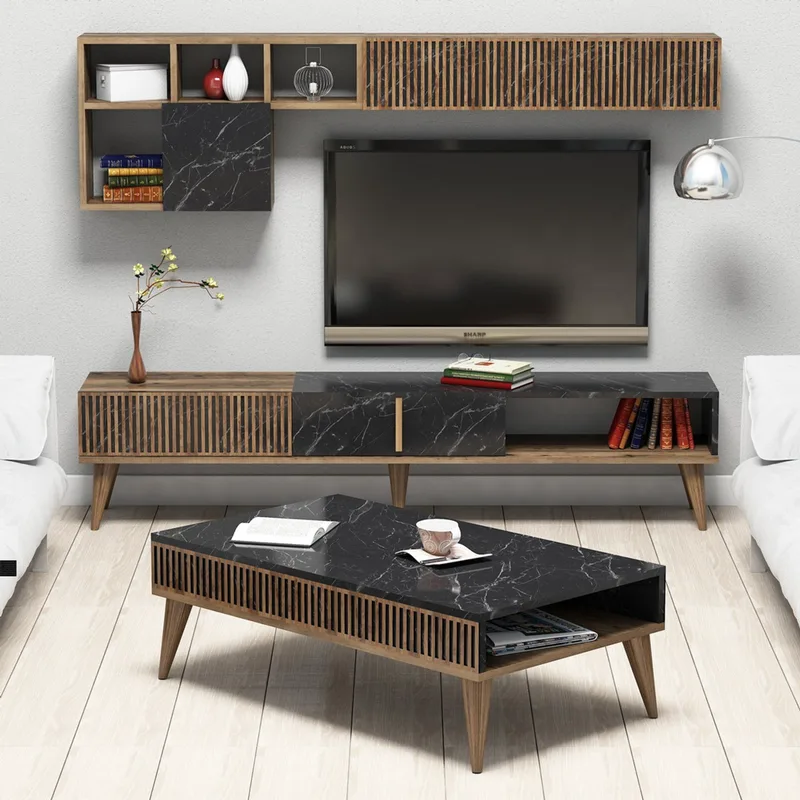 Σετ Επίπλων Σαλονιού Milan - Walnut, Black 845Hct5252 (180x40x35 cm)
