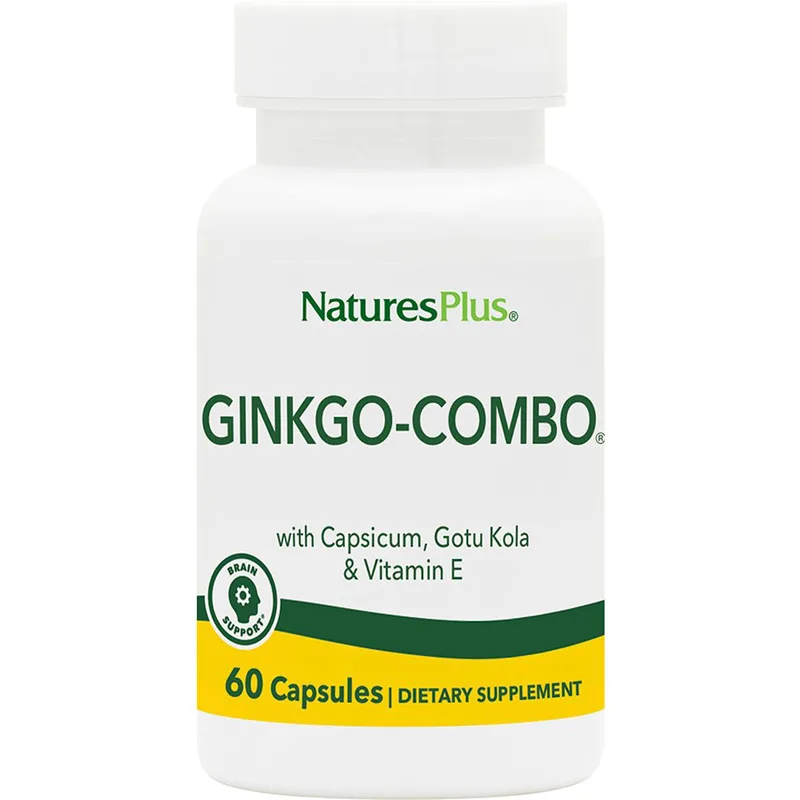Natures Plus Ginkgo-Combo Συμπλήρωμα Διατροφής Εκχυλίσματος Βοτάνων Ginkgo, Κόκκινης Πιπεριάς, Σεντέλας & Βιταμίνης Ε για την Ενίσχυση της Πνευματικής Λειτουργίας, Μνήμης & Καλή Υγεία Κυκλοφορικού 60caps