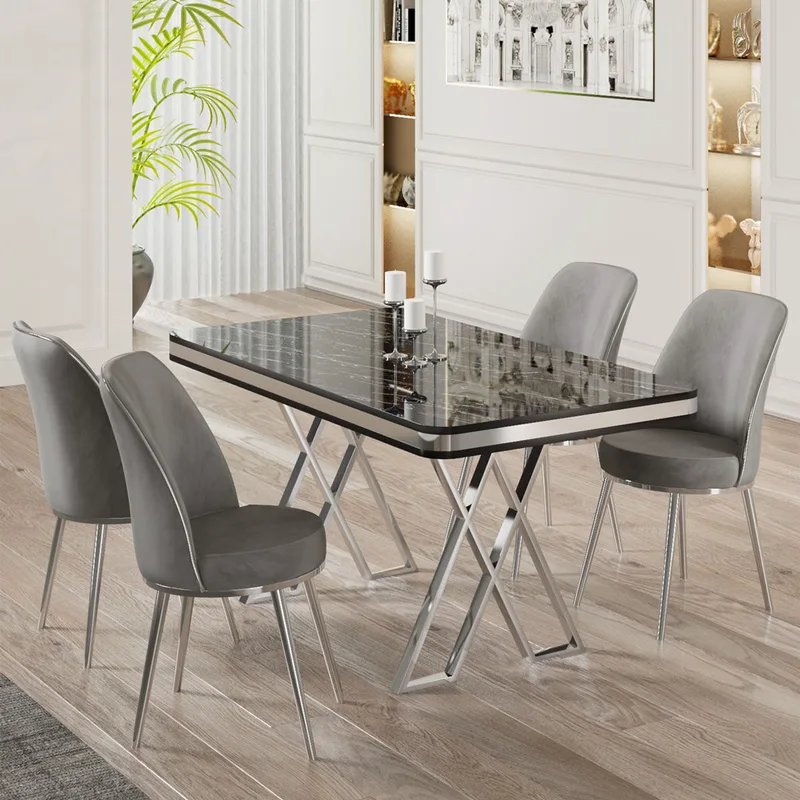 Τραπεζαρία Με 4 Καρέκλες (Σετ 5 Τμχ) Vals - Black Marble, Chrome, Grey 240Chr2352 (130x74x80 cm)