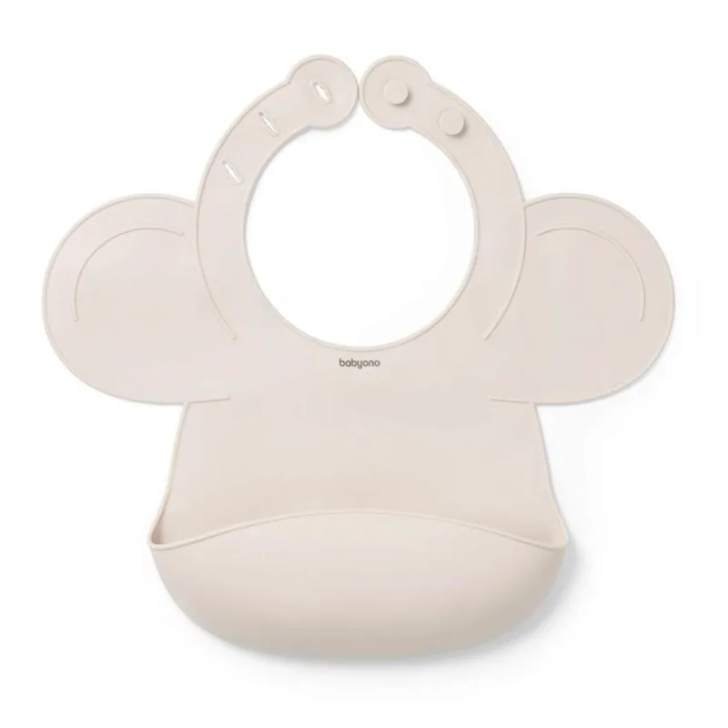 BabyOno: Σαλιάρα σιλικόνης 6m+ με θήκη περισυλλογής τροφίμων-Μπεζ