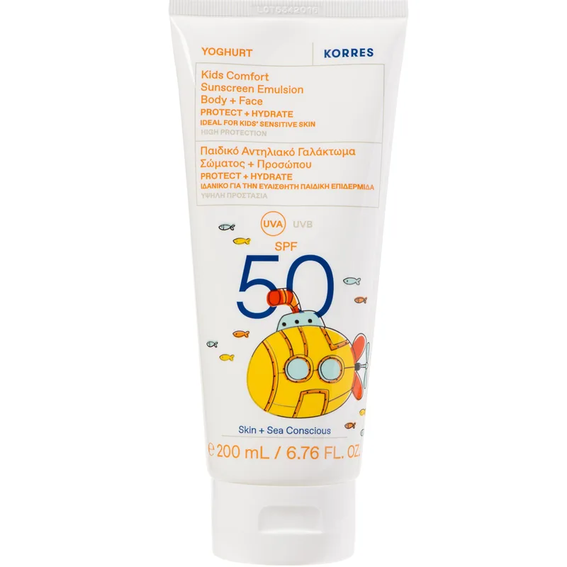 Korres Yoghurt Kids Comfort Sunscreen Emulsion for Face & Body Spf50 Αντηλιακό Γαλάκτωμα Προσώπου - Σώματος για Παιδιά Υψηλής Προστασίας για άμεση Ενυδάτωση, Κατάλληλο για Ευαίσθητες Επιδερμίδες 200ml