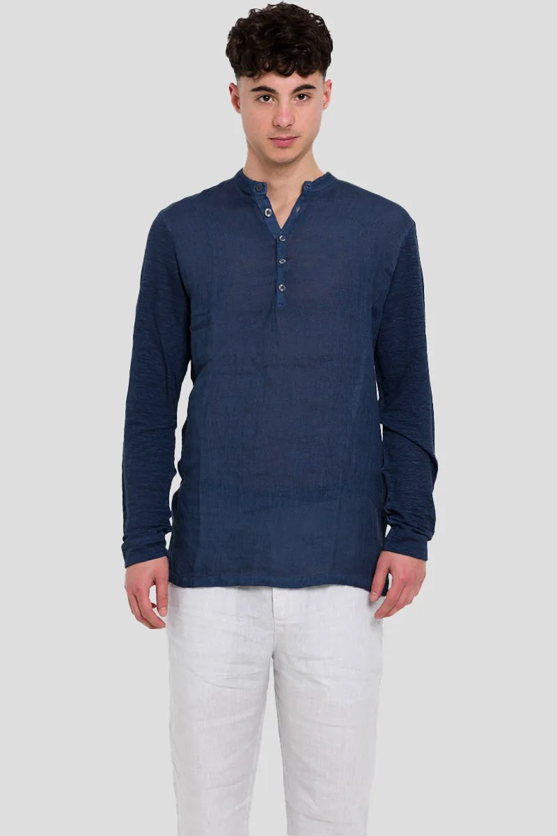120% LINO Ανδρικό Μπλε Serafino Regular Fit Linen Shirt