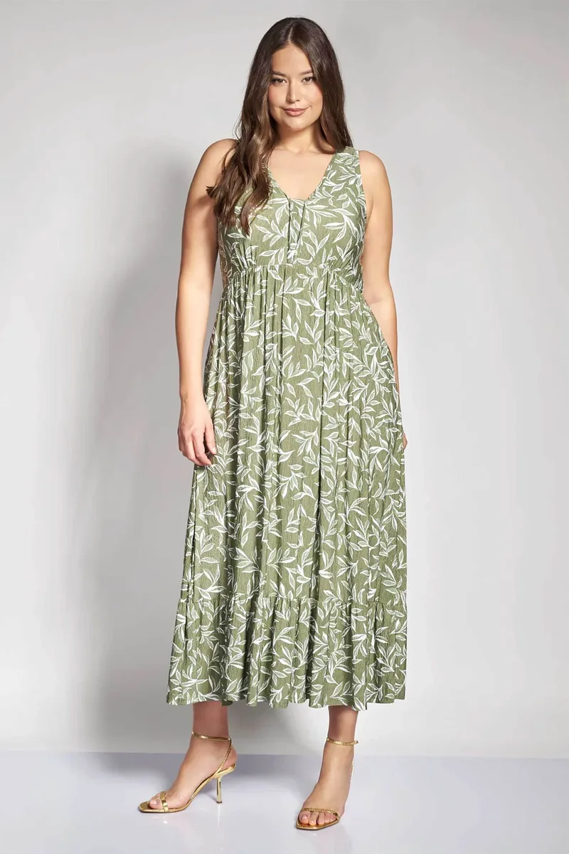 Parabita γυναικείο midi αμάνικο φόρεμα με floral print - 012610600438 Χακί